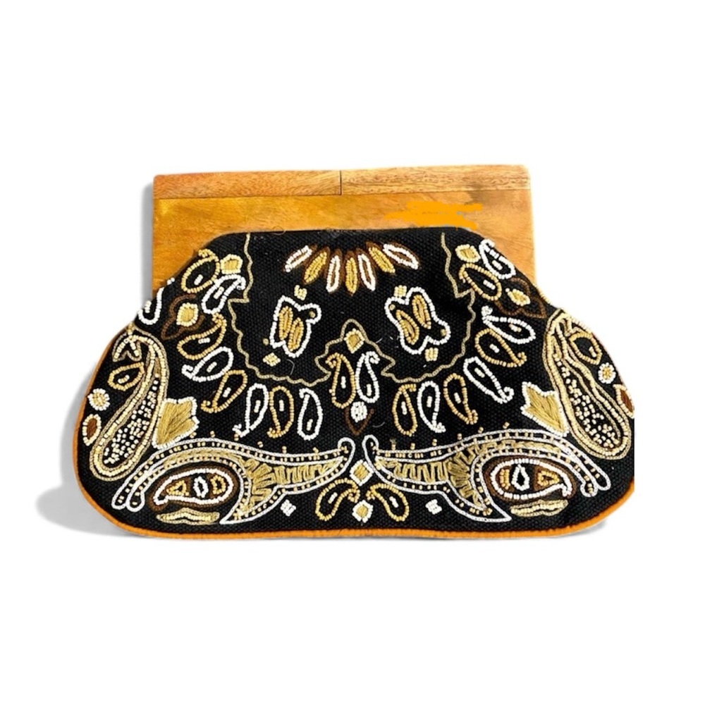 NWT Paisley Beaded Embroidered Wooden Frame Clutch